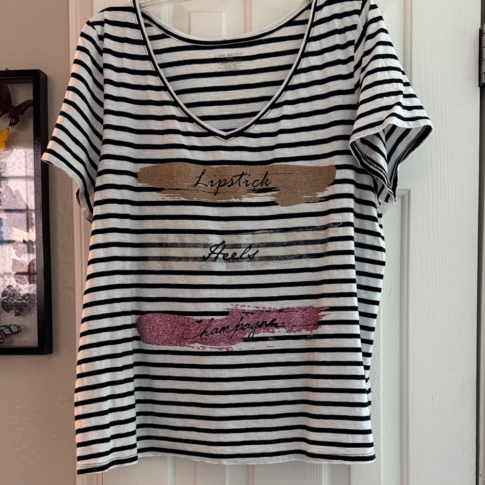 Lane Bryant Black and White Striped V Neck Tee Size 18/20